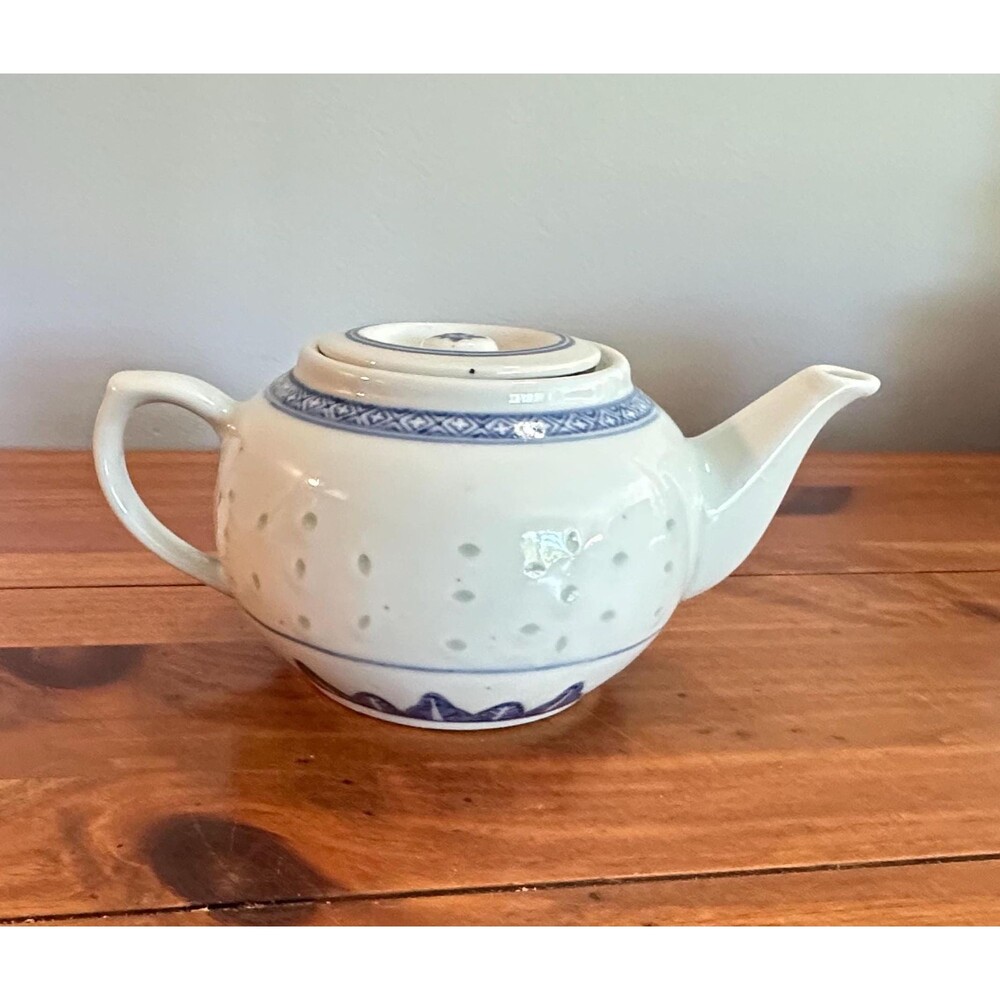 Vintage Jingdezhen Rice Grain Teapot, Blue & White Translucent Porcelain 1970s
